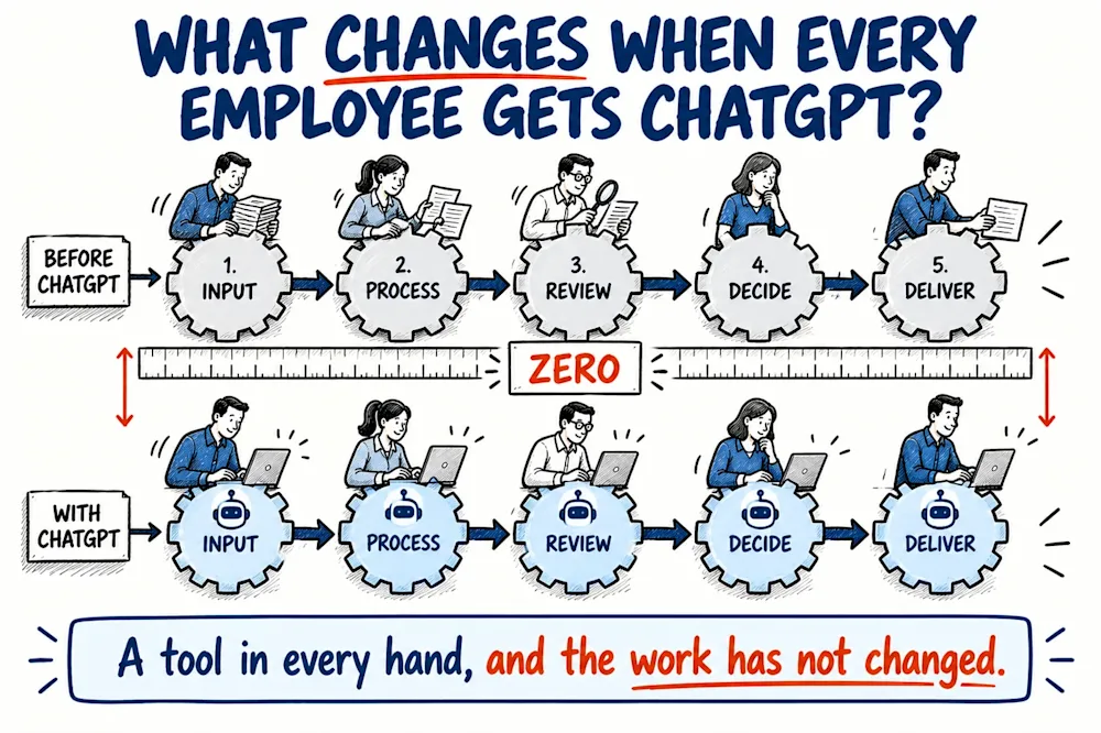 Two identical chains of five gears, input, process, review, decide and deliver, one worked by hand and one with laptops and AI badges, with a ruler between them reading zero.