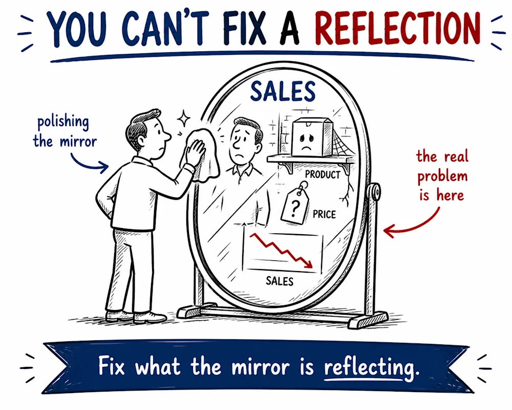 A man polishing a mirror labelled sales while the falling sales line, the product and the price sit behind him, under the line fix what the mirror is reflecting.