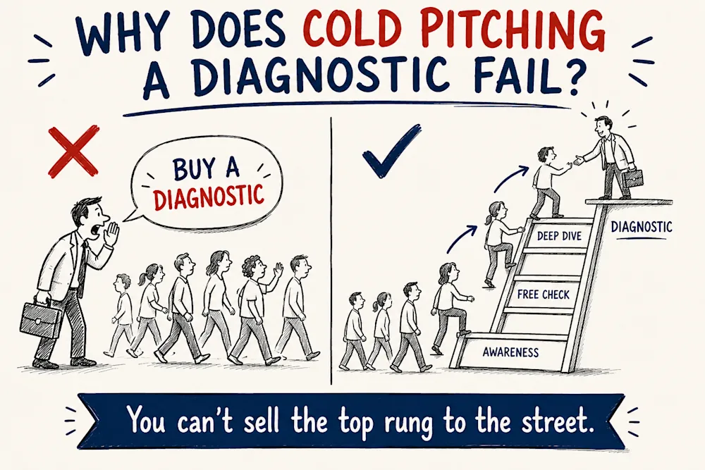 Cold pitching a diagnostic to a passing crowd on the left, against the same people climbing awareness, free check and deep dive to reach it on the right, under the line you cannot sell the top rung to the street.