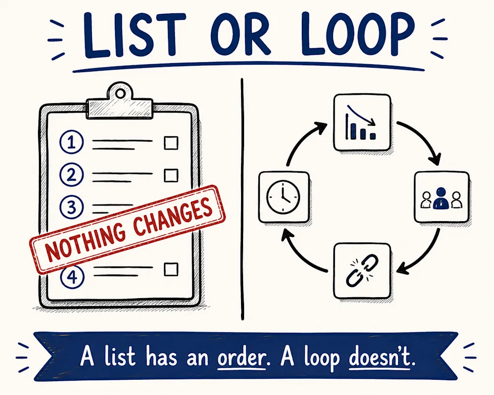 List or loop - a to-do list stamped nothing changes beside the same items redrawn as a closed circle of arrows.