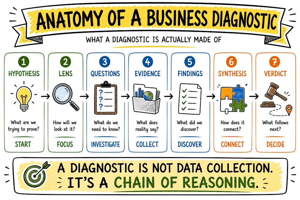 What a business diagnostic is made of: hypothesis, lens, questions, evidence, findings, synthesis, verdict.