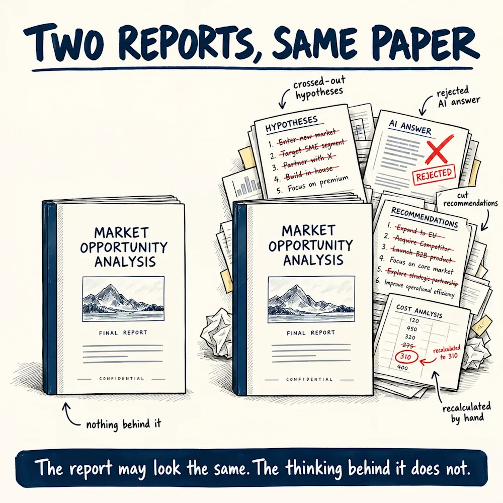 Two identical final reports side by side. Behind one is nothing, behind the other a pile of crossed-out hypotheses, a rejected AI answer, cut recommendations and a number recalculated by hand.