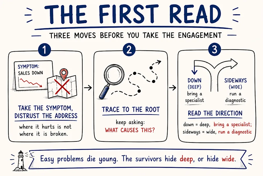 Three moves before taking an engagement: distrust the address the symptom gives, trace it to the root, then read whether the problem runs down, which needs a specialist, or sideways, which needs a diagnostic.