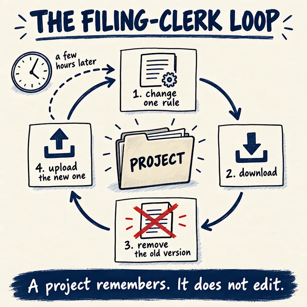 A circle of four steps around a project folder: change one rule, download it, cross out the old version, upload the new one, a clock marking a few hours later.