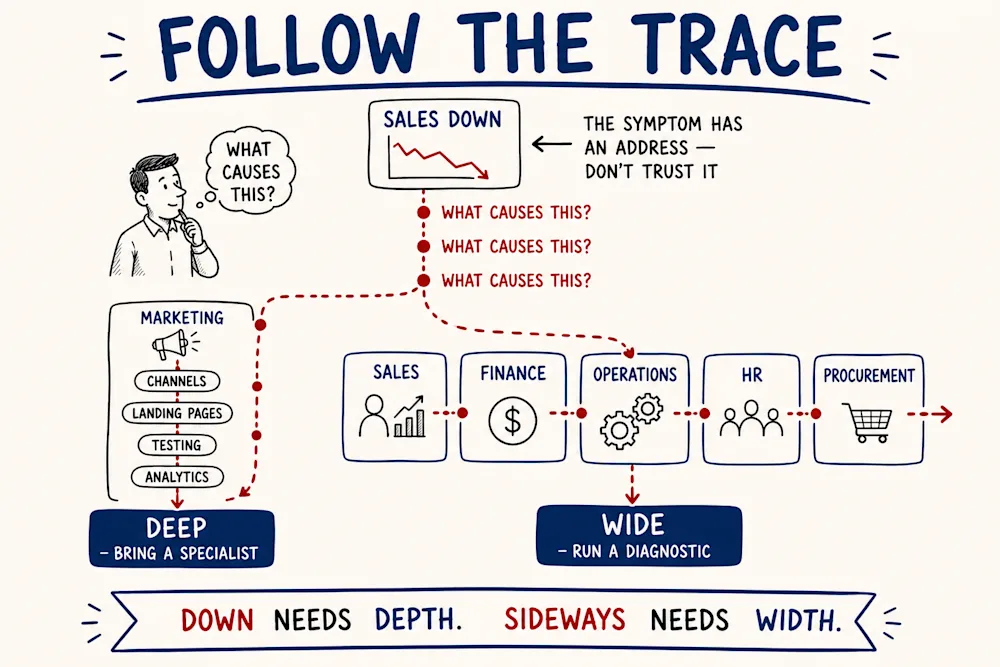 Follow the trace - a trail running down into one department means deep, bring a specialist; a trail running sideways across departments means wide, run a diagnostic.