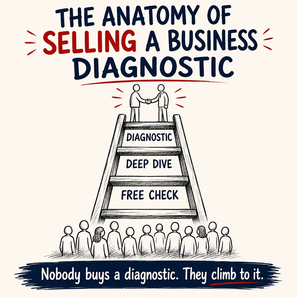 A crowd standing at the foot of a three-rung ladder, free check, then deep dive, then diagnostic, with a handshake at the top, under the line nobody buys a diagnostic, they climb to it.
