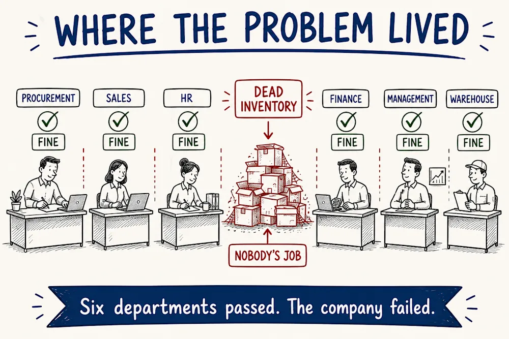 Where the problem lived - six departments each marked fine, with a dead inventory pile growing between the desks, labelled nobody's job.