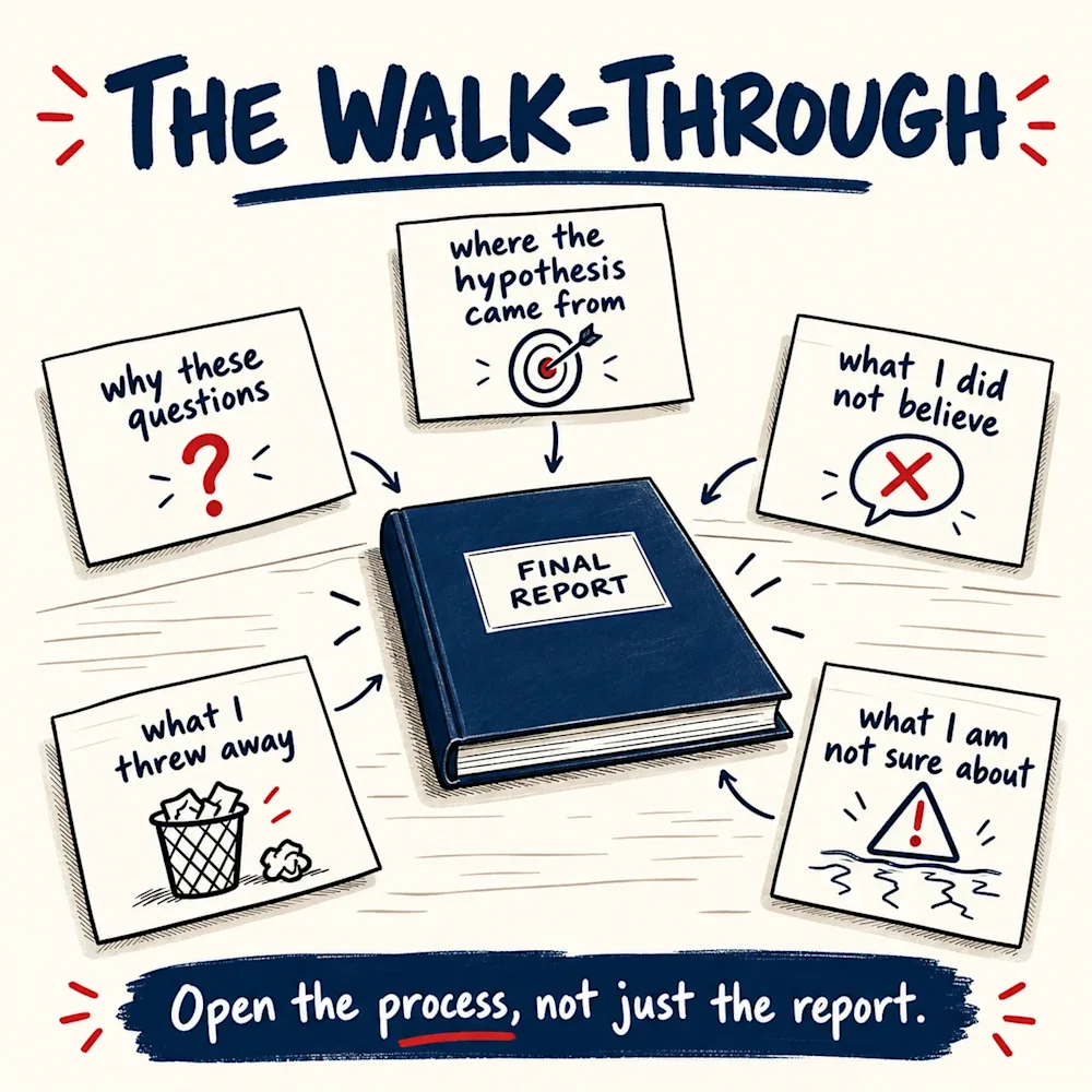 A closed report on a table surrounded by five cards: where the hypothesis came from, why these questions, what was not believed, what was thrown away, and what is still not sure.