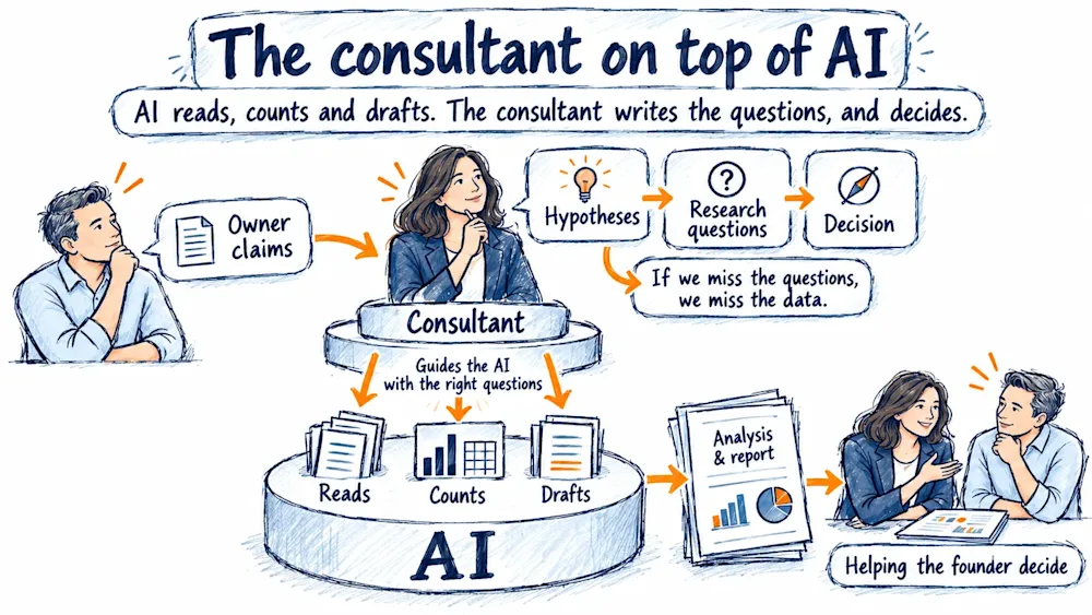The owner's claims go up to a consultant standing on a platform above an AI that reads, counts and drafts, then down to a report and a talk with the founder.