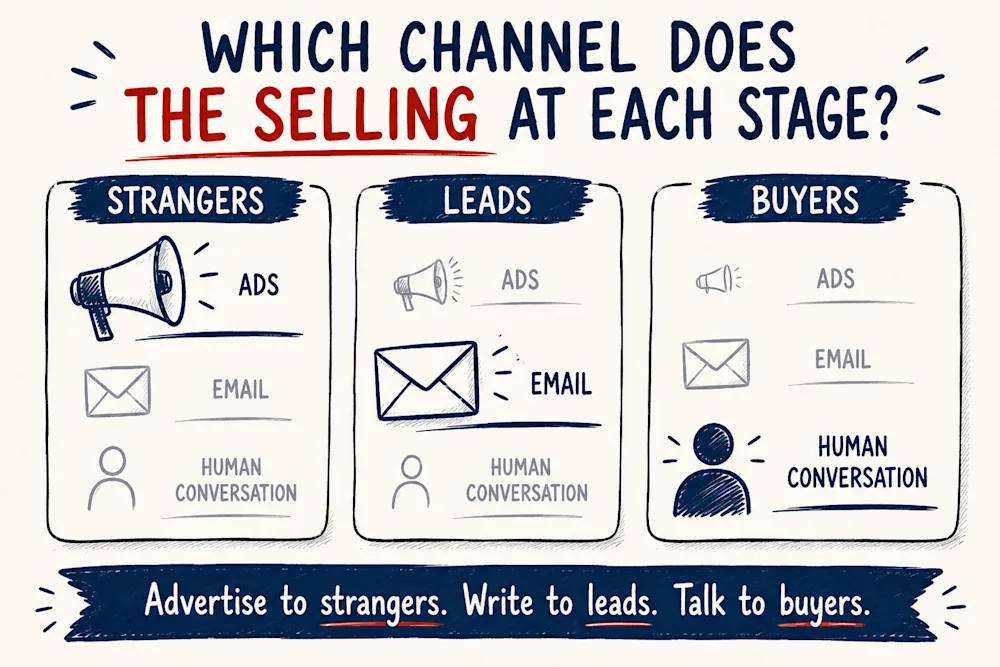 Which channel does the selling at each stage: advertising to strangers, email to leads, and human conversation to buyers.