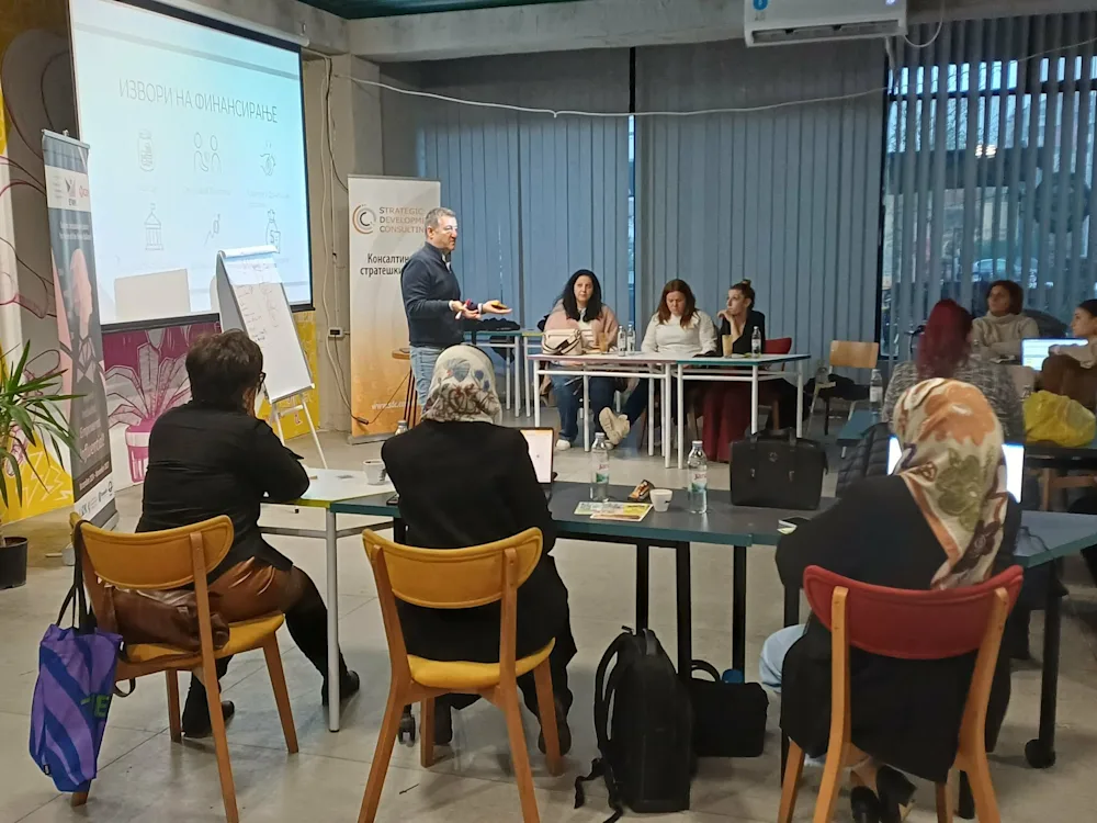 Dancho Dimkov mentoring women entrepreneurs, including rural participants, at a business-planning workshop in North Macedonia