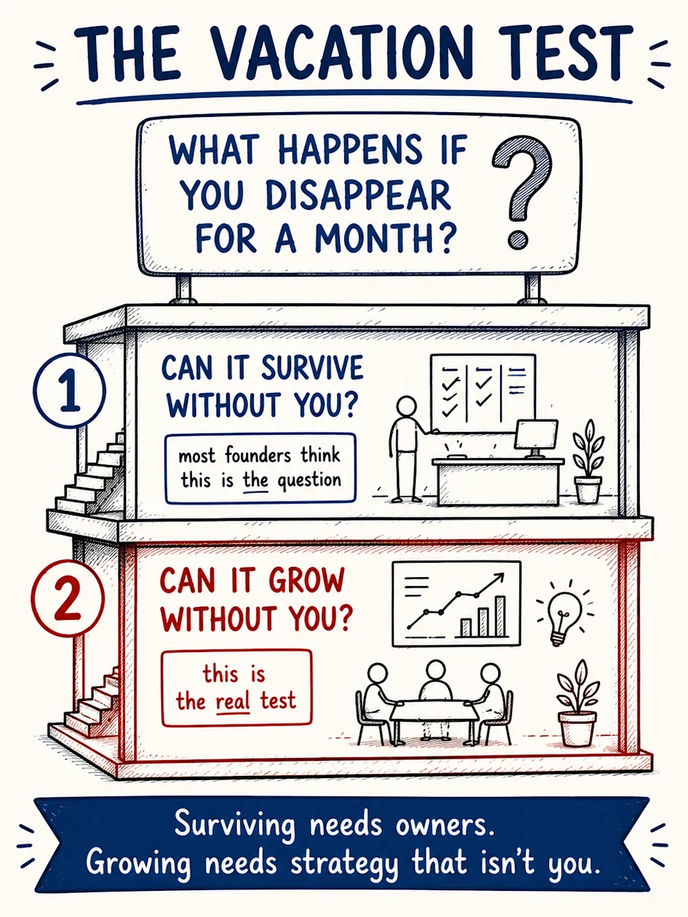 The vacation test - layer one: can the business survive without you; layer two, the real test: can it grow without you.
