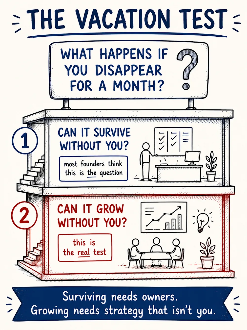 The vacation test - layer one: can the business survive without you; layer two, the real test: can it grow without you.