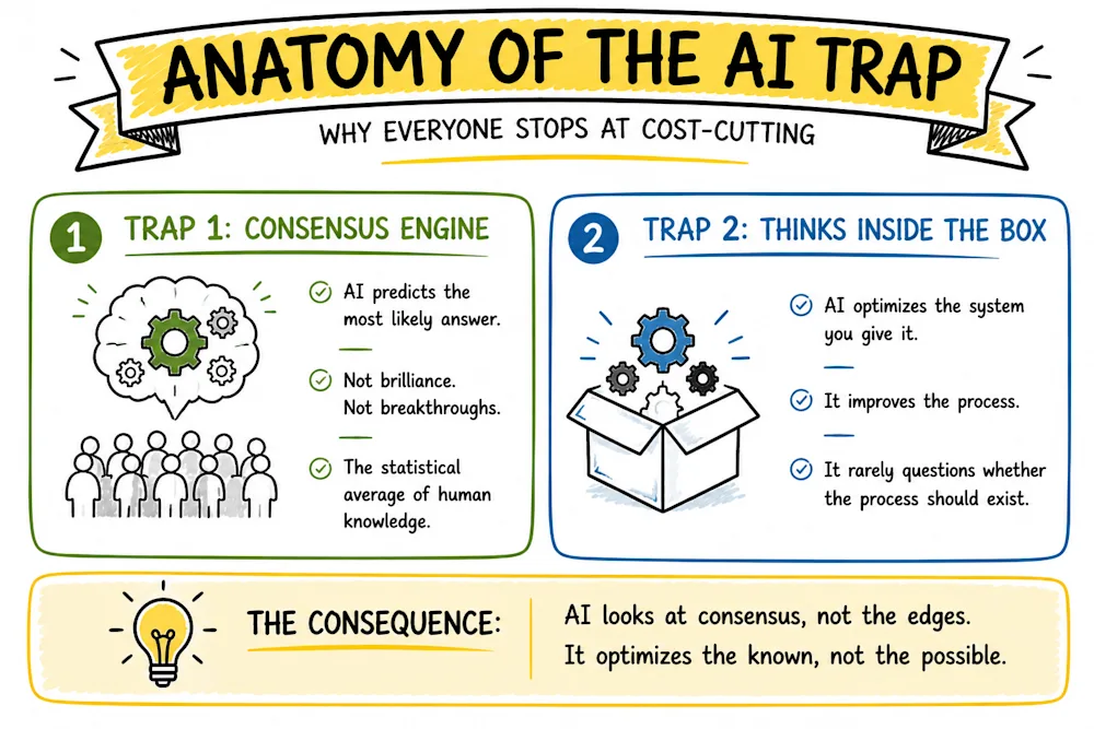 The Anatomy of the AI Trap: the consensus engine and thinking inside the box - why AI defaults to cost-cutting.