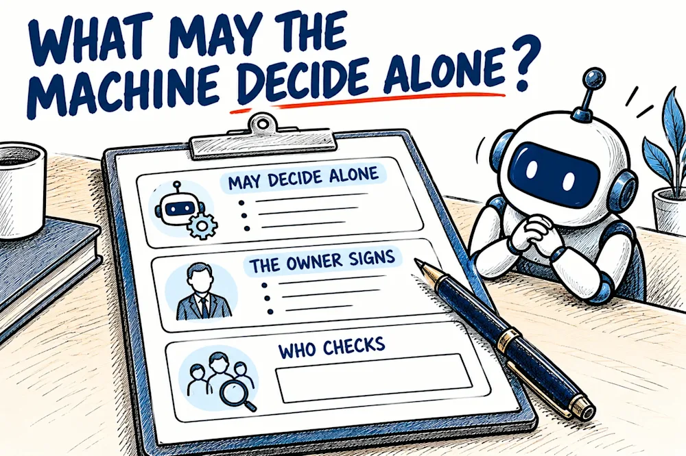 A clipboard lists may decide alone, the owner signs and who checks, the last box still empty, while a robot waits at the edge of the desk with folded hands beside the owner’s pen.