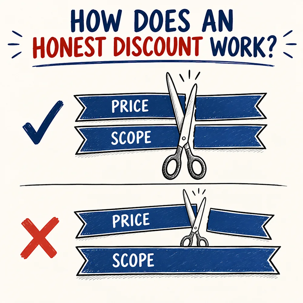 Two ways to discount - scissors cutting the price and scope ribbons together, versus cutting only the price ribbon.