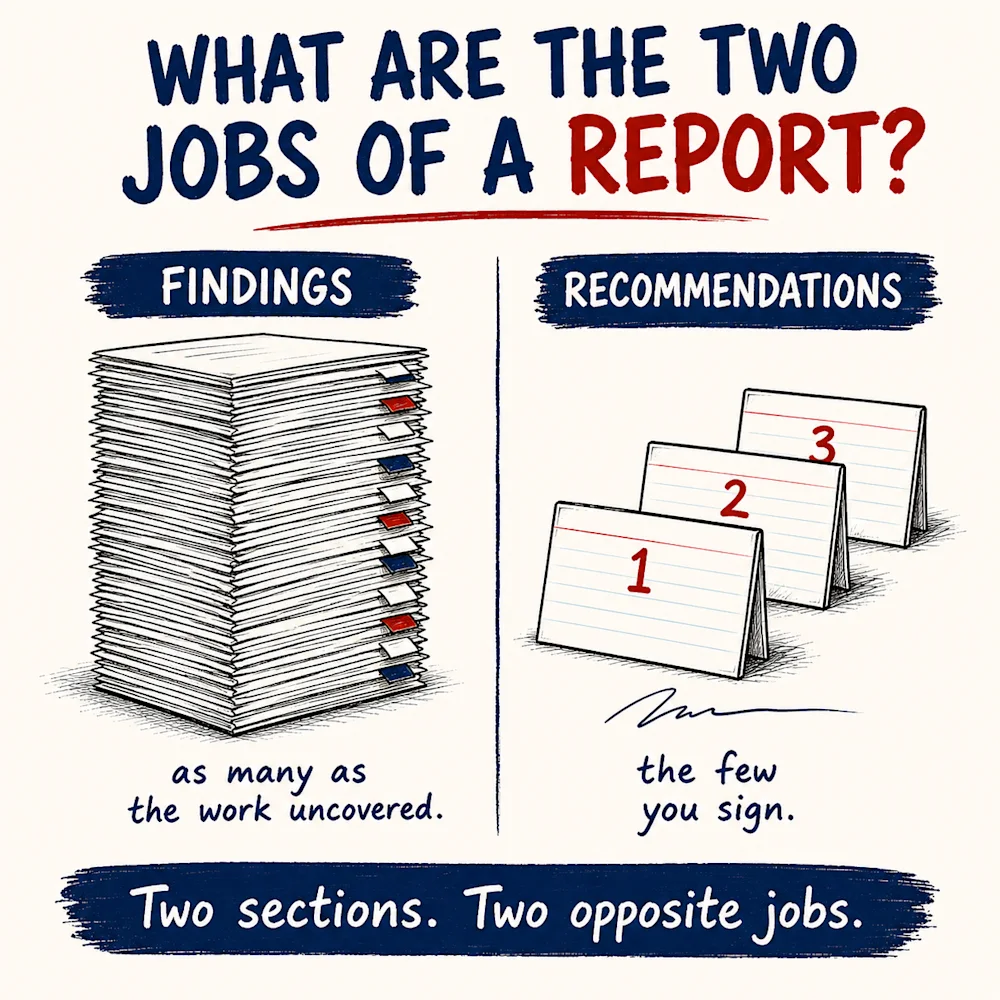 The two parts of a diagnostic report - a deep stack of findings and three signed recommendations.