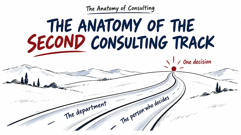 A road runs over the hills through one engagement, its lines marked the department and the person who decides, and meets at a single point on the horizon marked one decision.