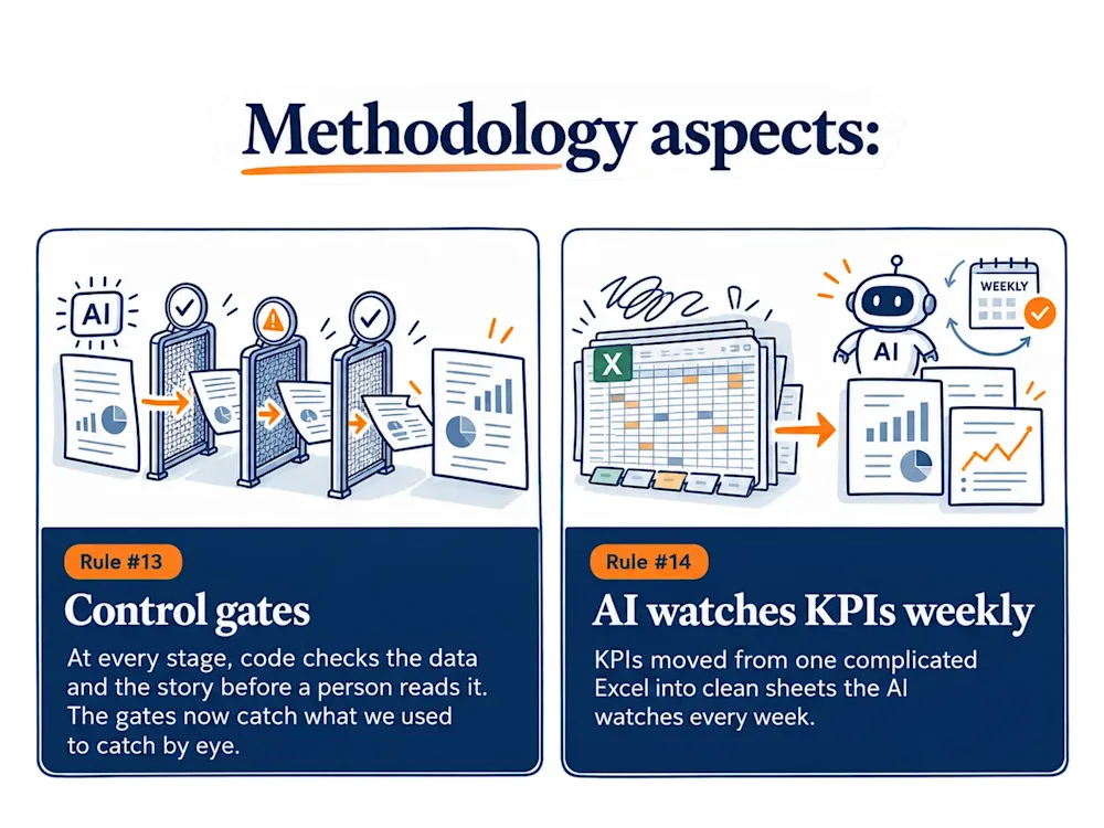 Two cards: a report passes through three checkpoint gates, and Excel sheets move to an AI robot beside a weekly calendar that watches the KPIs.