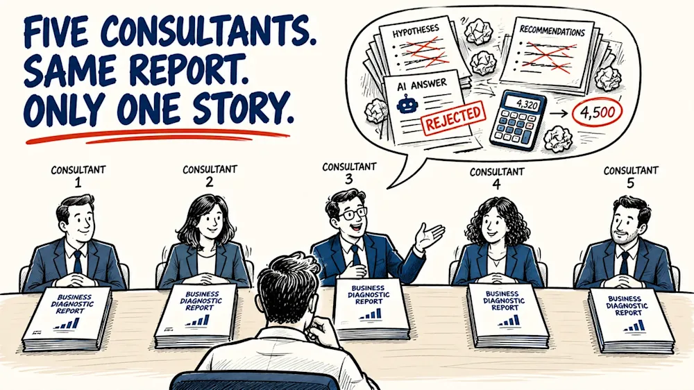 Five consultants present identical diagnostic reports to a founder. Only one has a speech bubble showing rejected hypotheses, a rejected AI answer and a number recalculated by hand.