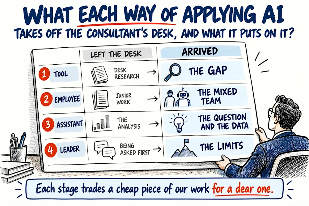 A ledger of four rows, tool, employee, assistant and leader, sets what left the desk, from desk research to being asked first, against what arrived, while a consultant holds up the board.