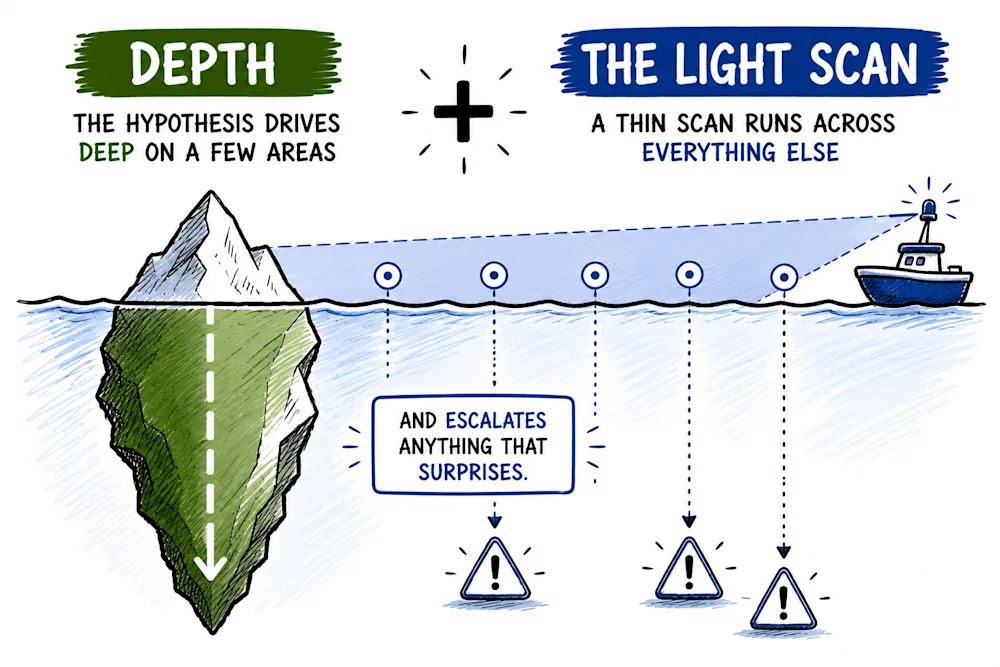 Depth plus the light scan: the hypothesis drives deep on a few areas while a thin scan runs across everything else and escalates anything that surprises.