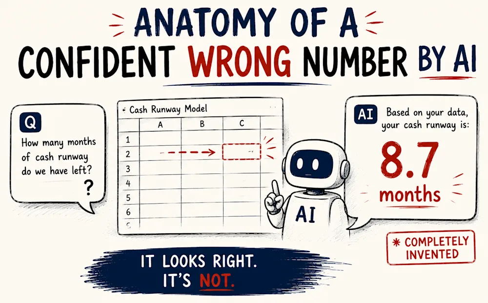 Anatomy of a confident wrong number by AI - a cash runway question answered with a precise but invented figure.
