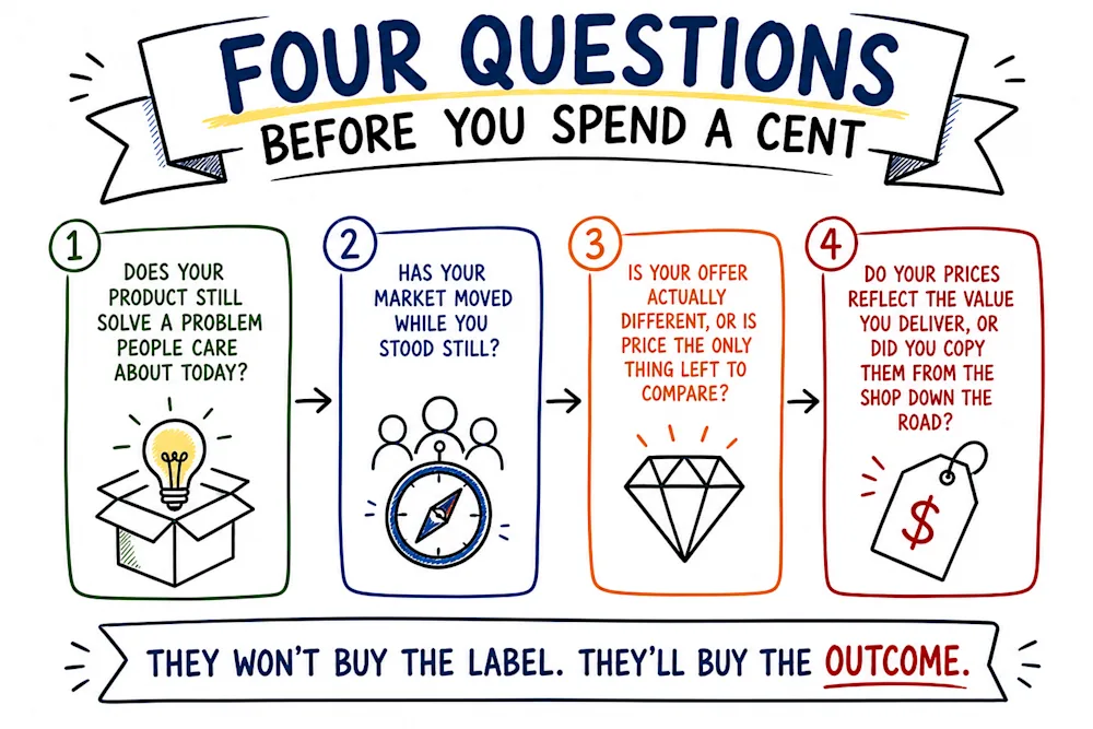 The four questions to ask before spending on sales: is the product still relevant, has the market moved, is the offer different, does the price reflect value.