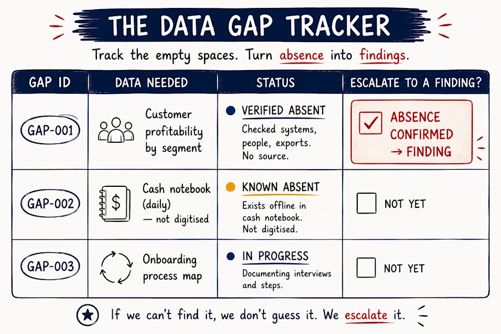 A data gap tracker with three rows: a verified absent number escalated to a finding, one known to exist only in a cash notebook, and one still in progress, under the rule that a gap is escalated rather than guessed.