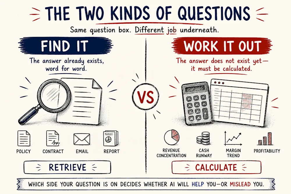 The two kinds of questions: find it (retrieve) versus work it out (calculate), and which side a question is on decides whether AI helps or misleads.
