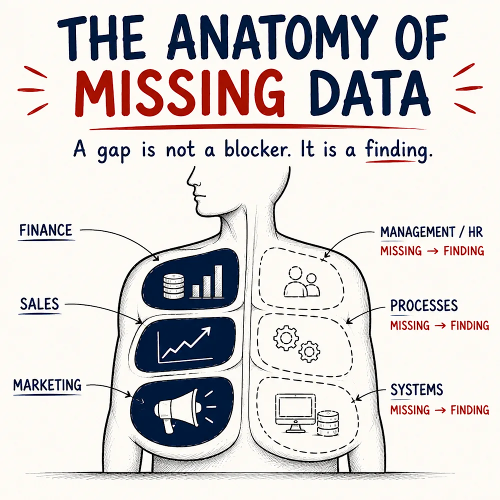 The Anatomy of Missing Data - a business drawn as an anatomy diagram with some parts present and some missing and marked as findings. A gap is not a blocker, it is a finding.