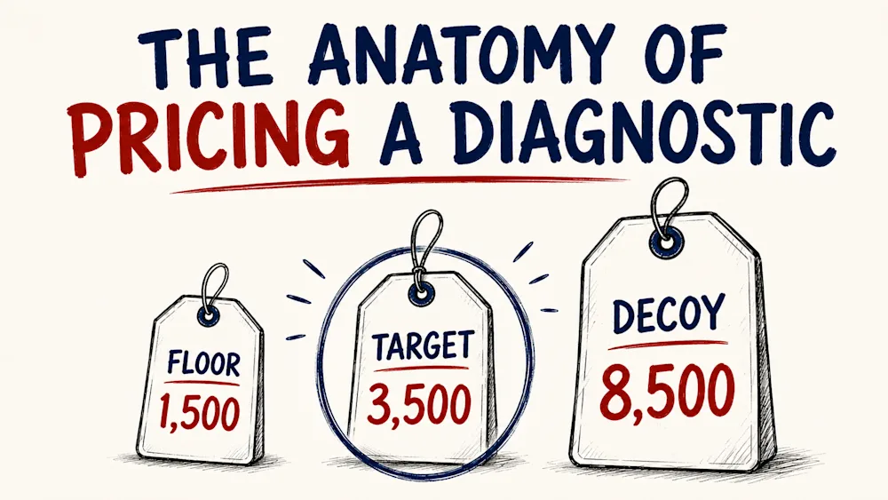Three price tags for the same diagnostic, a floor at 1,500, the target at 3,500 circled, and a decoy at 8,500 that makes the target look reasonable.