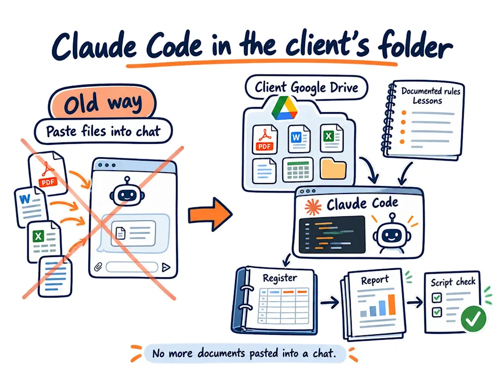 The old way, files pasted into a chat window, is crossed out, and the new way runs from the client's drive through Claude Code to the register, the report and a script check.
