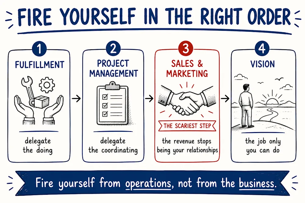 Fire yourself in the right order - fulfillment, project management, sales and marketing, then vision: the job only the founder can do.