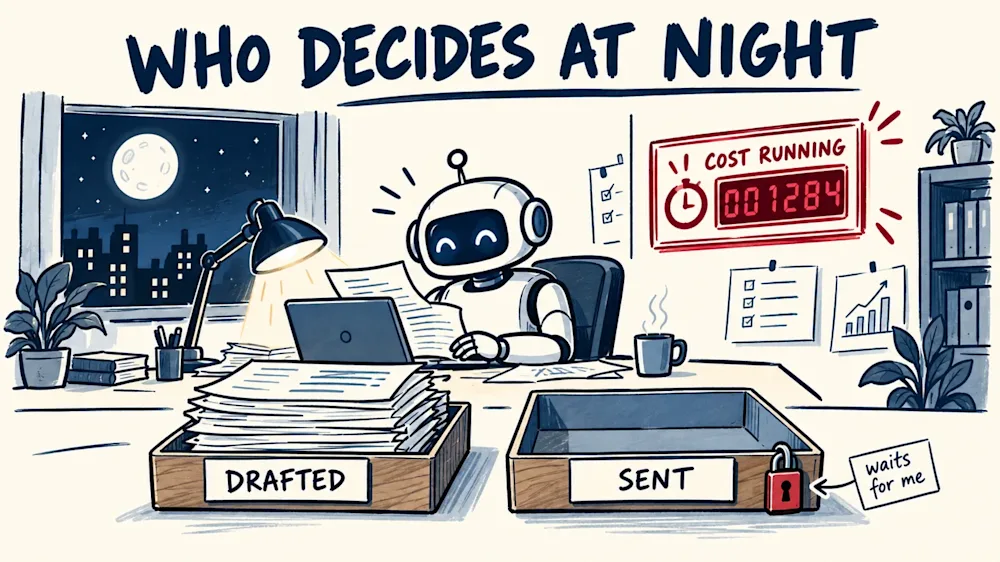 A robot works at a desk at night under a lamp, a red cost meter running, a full Drafted tray and an empty Sent tray locked, labelled waits for me.