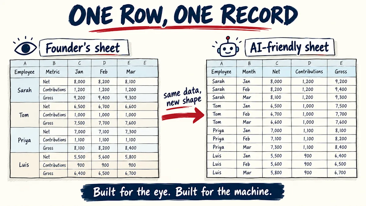 The same salary data twice: a founder's sheet with a stacked block per employee and months across the top, and the AI-friendly sheet with one row per person per month