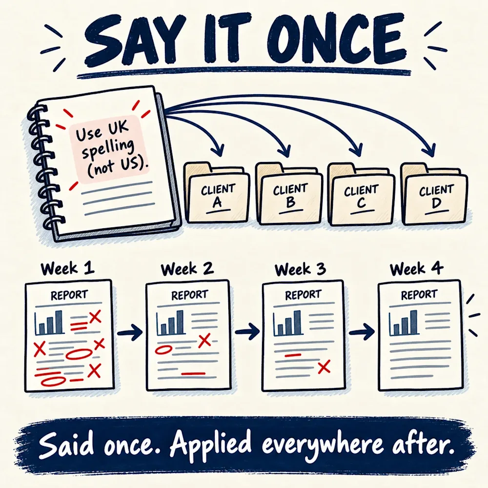 A spiral notebook with one note, arrows reaching into four client folders, and a four-week strip of the same report with fewer red correction marks each week.
