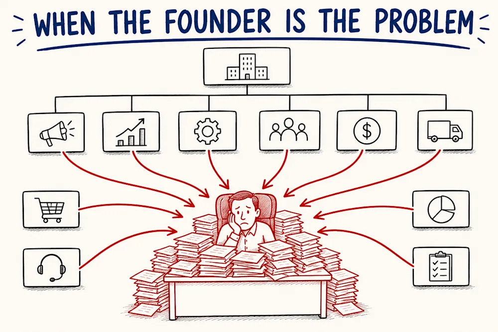 An org chart where every department arrow, marketing, sales, finance, operations, HR and the rest, converges on one founder buried behind stacks of paper.