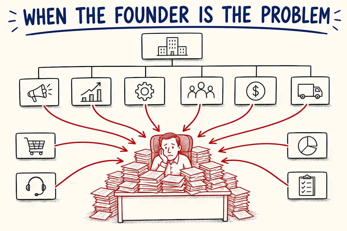 When the founder is the problem - every arrow in the company routes through one chair, where the founder sits buried in papers awaiting signature.