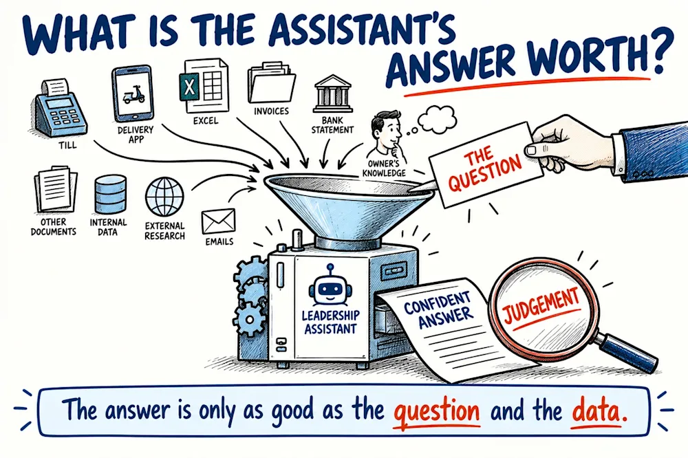A funnel feeds ten sources, from the till to the owner’s knowledge, and a card marked the question into the leadership assistant, which prints a confident answer under a magnifier.