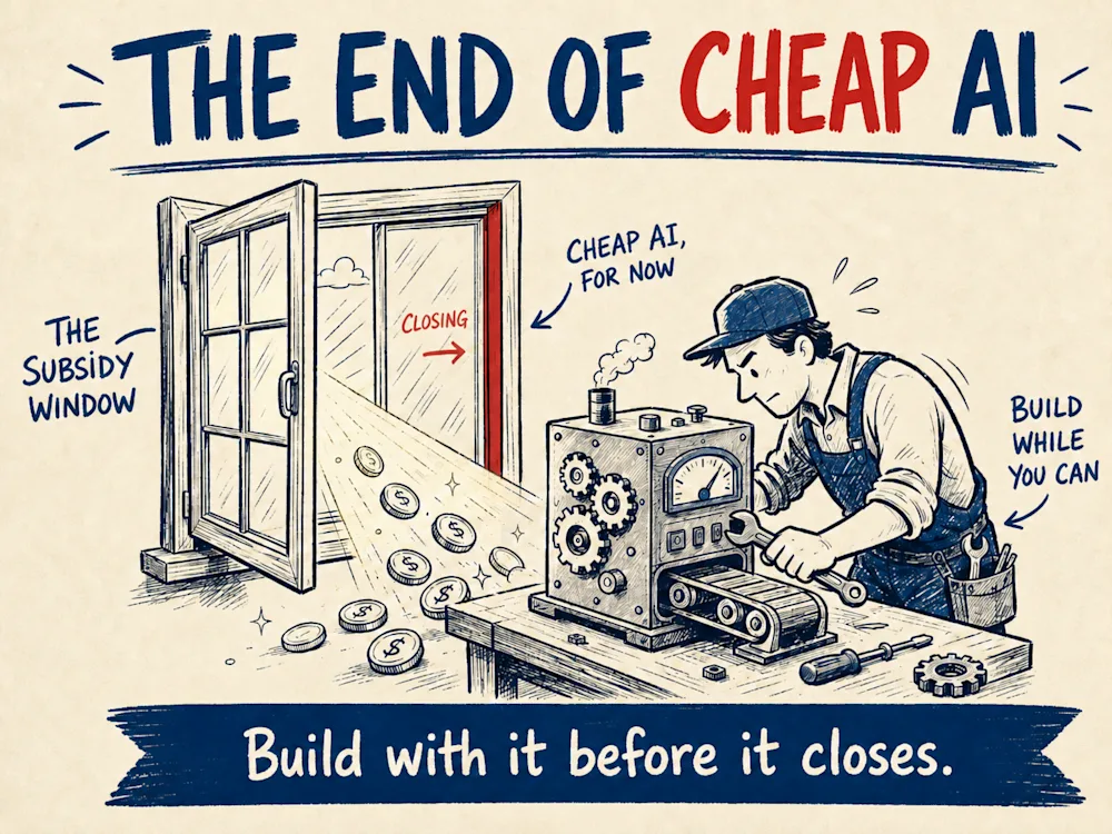 A window marked the subsidy window swinging shut with coins spilling out of it, while a mechanic keeps building at his machine, under the line build with it before it closes.