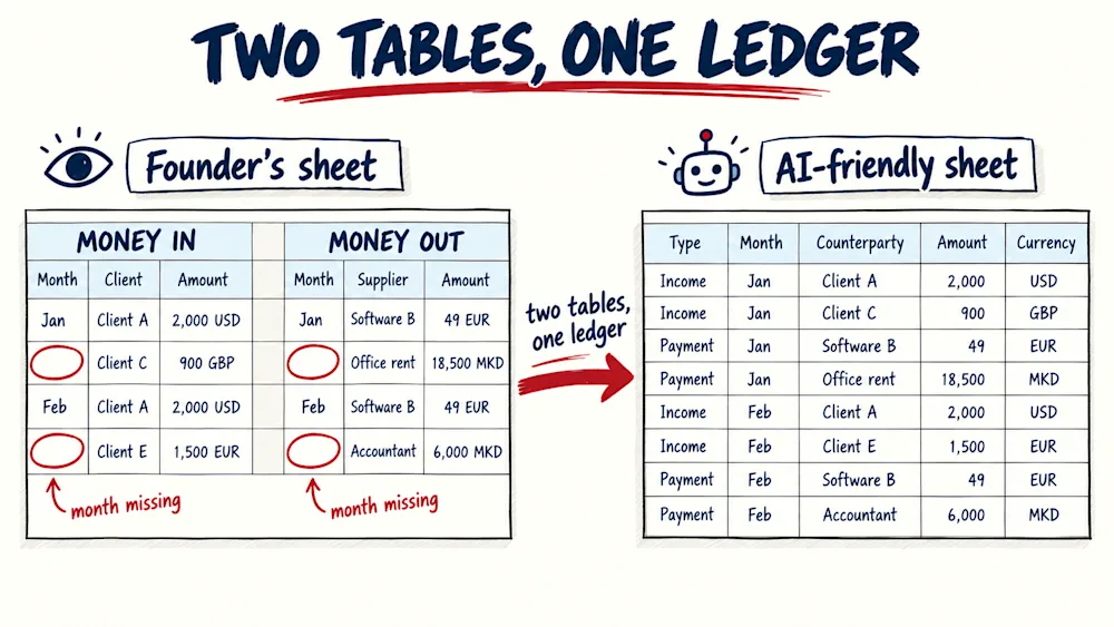 Money in and money out as two tables on one sheet with months left blank, turned into one ledger with a type column, the month on every row and the currency in its own column.