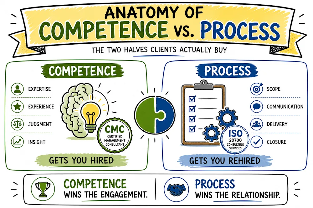 Competence listed as expertise, experience, judgment and insight, which gets you hired, beside process listed as scope, communication, delivery and closure, which gets you rehired.