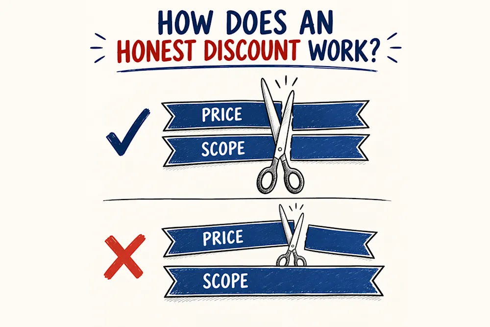 How an honest discount works - scissors cutting the price and scope ribbons together, versus cutting only the price ribbon (wide).