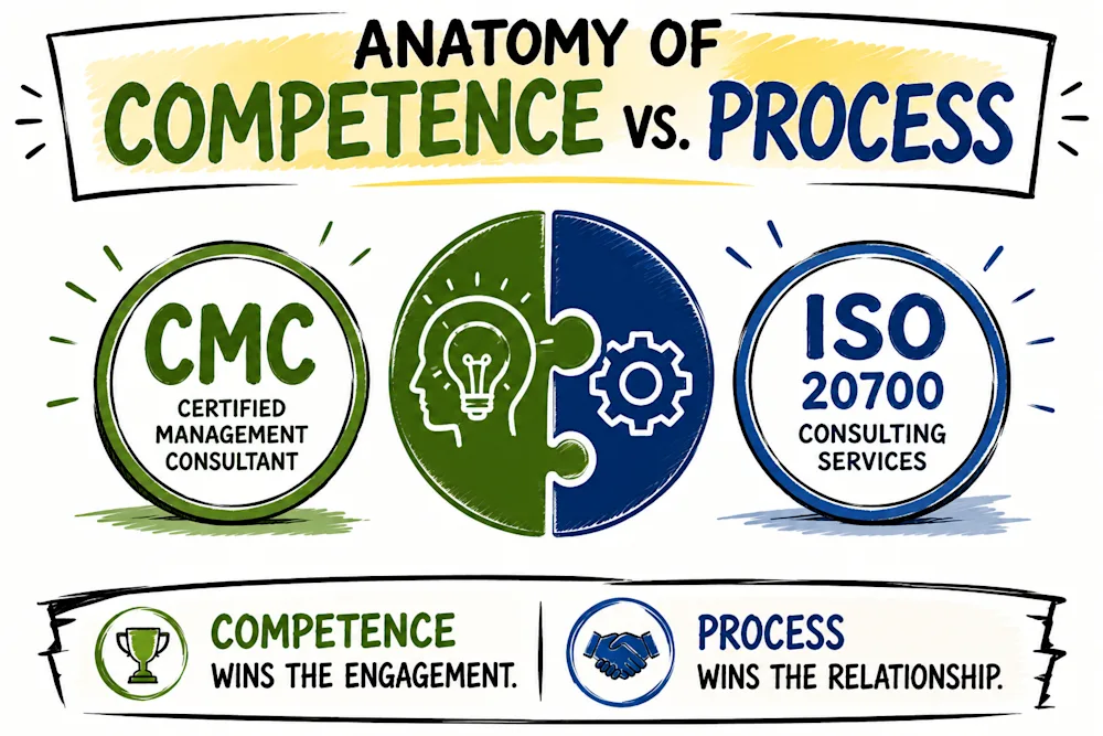 Two halves of one puzzle locking together, a CMC badge for competence beside an ISO 20700 badge for process, under the line that competence wins the engagement and process wins the relationship.