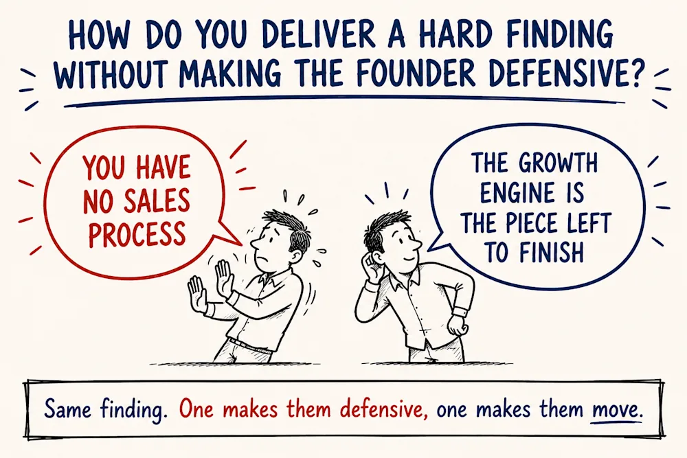 A hard finding delivered two ways - you have no sales process makes the founder recoil, the growth engine is the piece left to finish makes him lean in.