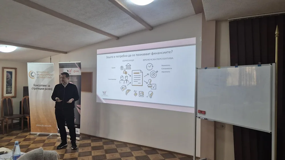 Dancho Dimkov teaching financial fundamentals to women entrepreneurs at the SDC business-planning training