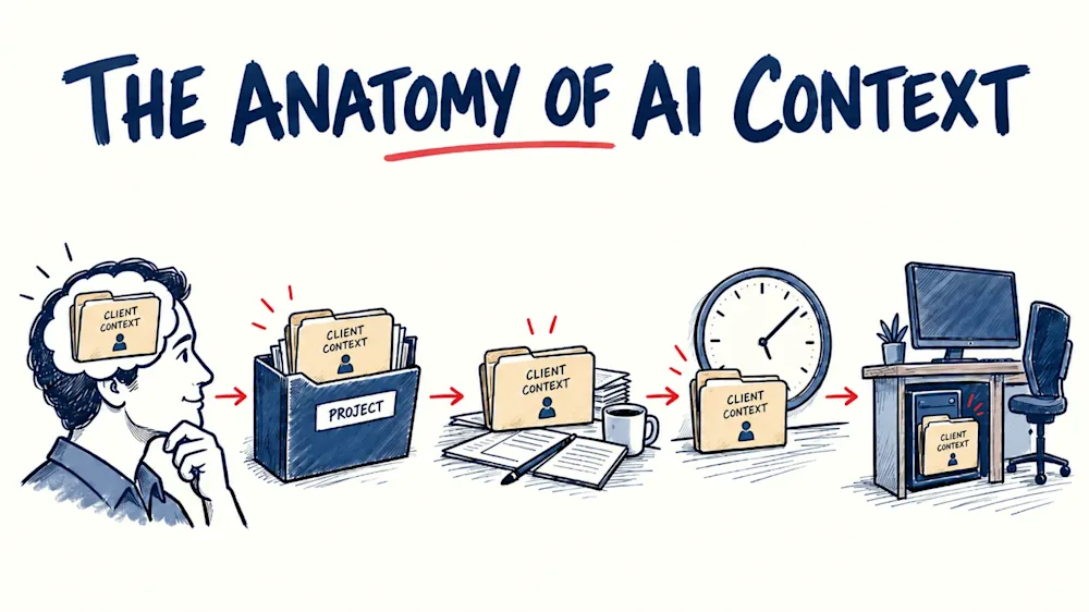 A consultant's head, a project folder, a desk, a clock and a desktop computer, each holding the same client context folder.