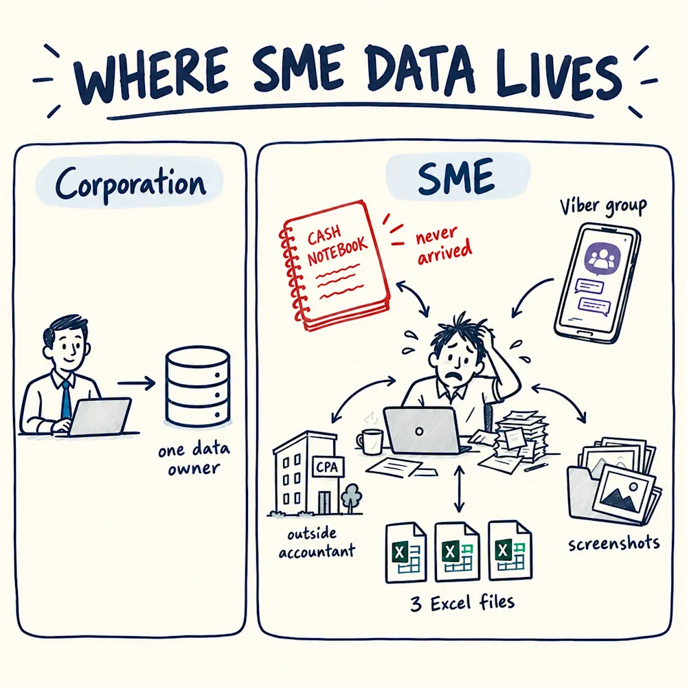 A corporation keeps its data with one owner in one system, while an SME owner sits among a cash notebook, a Viber group, the outside accountant, Excel files and screenshots