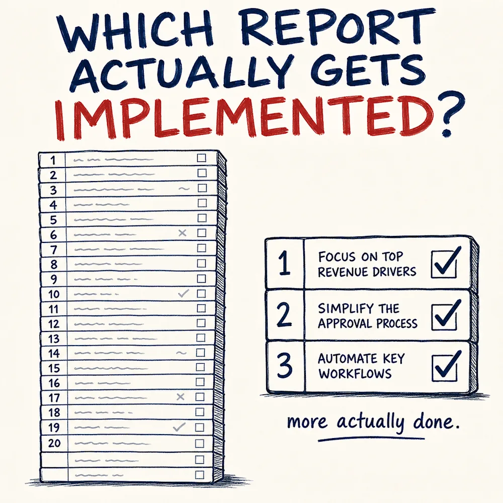 Which report actually gets acted on - twenty untouched items versus three that get done.